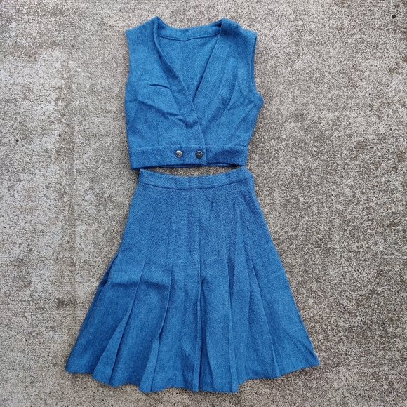 Vintage Dresses & Skirts - Vintage handmade two-piece wool blue dress Unique shirt and skirt women's small